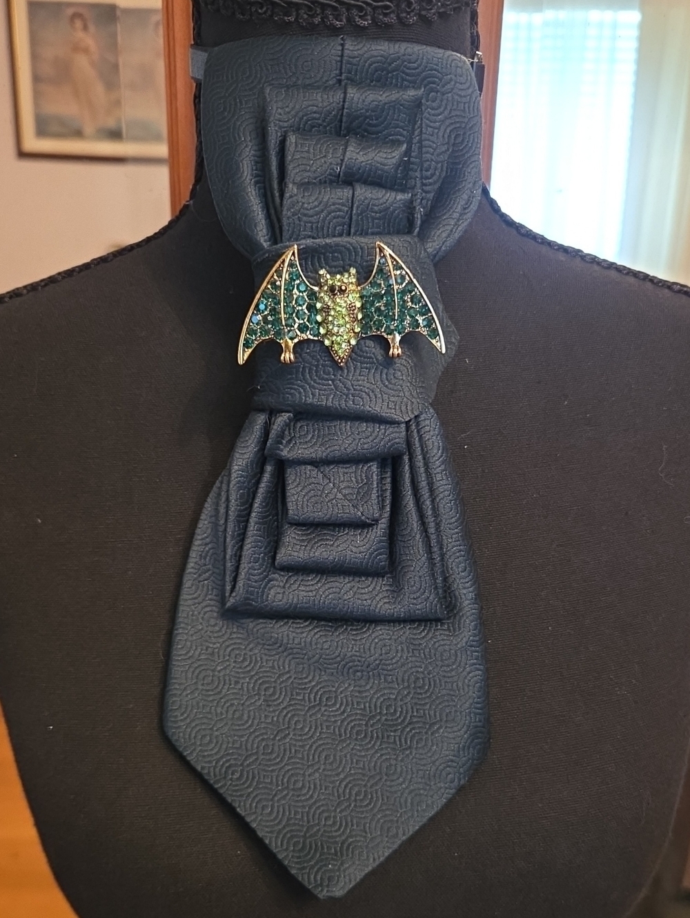 Men's Dark Green Halloween Cravat with Green Crystal Bat Pin